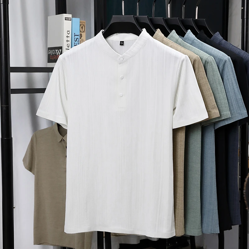 Mens Mandarin Collar Half Plac - Summer Clothing Trend 评论和价格