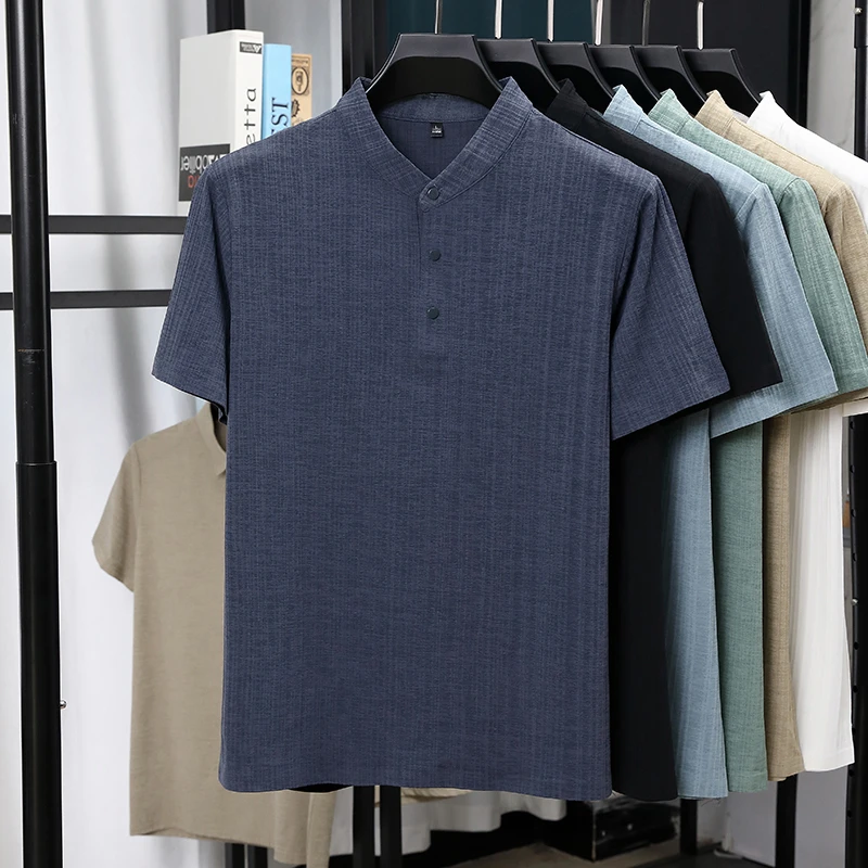 Mens Mandarin Collar Half Plac - Summer Clothing Trend 评论和价格