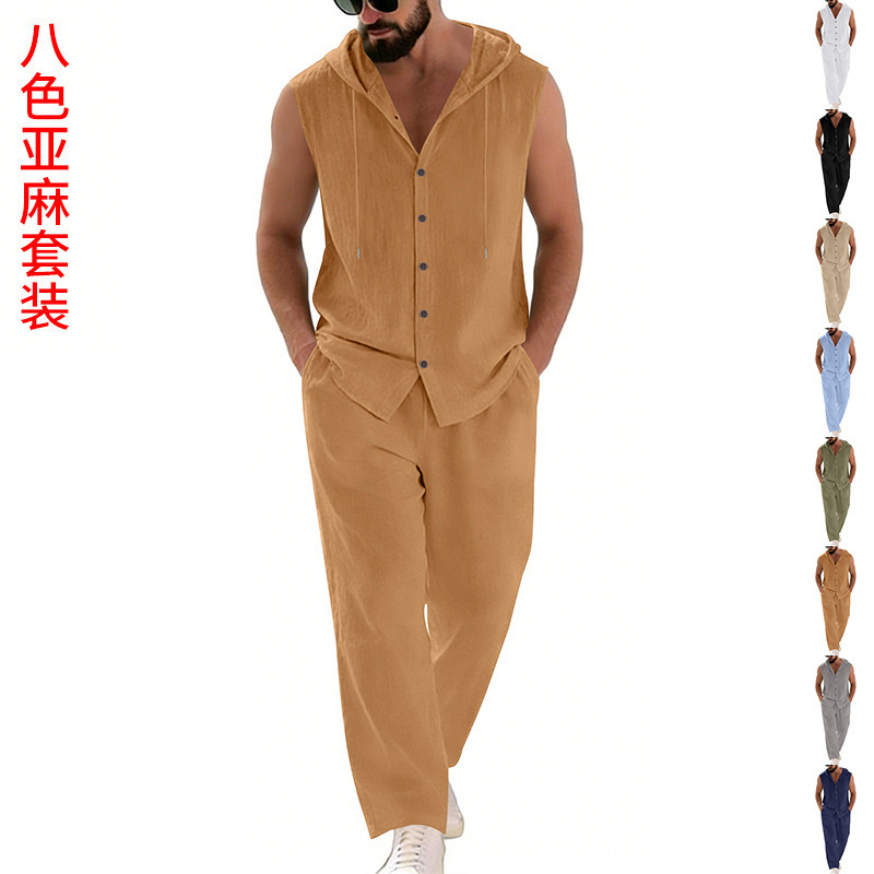 Men's Casual Linen Suit Hooded - Summer Clothing Men 评论和价格